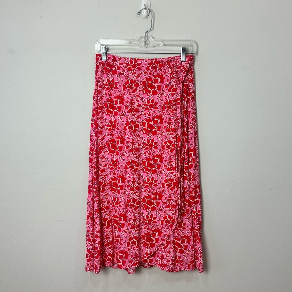 Jcrew floral midi wrap skirt red pink